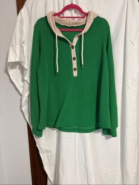 Green Hooded Waffle Knit Tunic with Contrast Trim